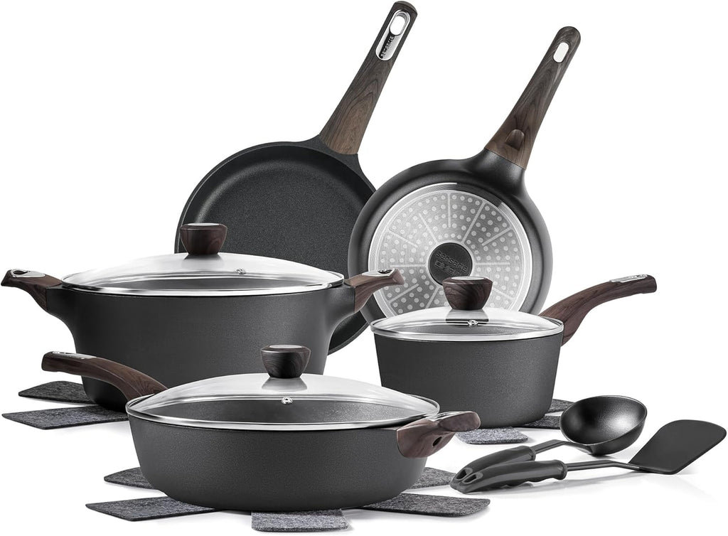 SENSARTE Pots and Pans Set Non stick, Non toxic Healthy Induction Cookware Sets, 14 Pcs Non Stick Kitchen Cooking Set with Frying Pans Set & Saucepan, PFOA PFOS Free, Black
