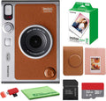 FUJIFILM INSTAX MINI EVO Hybrid Instant Camera (Brown) Bundle with Fuji Instax-Mini-Instant Film Value Pack (20 Sheets) + 32GB Memory Card + Carrying Case + Photo Album 64 Pockets + Cleaning Cloth