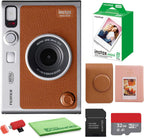 FUJIFILM INSTAX MINI EVO Hybrid Instant Camera (Brown) Bundle with Fuji Instax-Mini-Instant Film Value Pack (20 Sheets) + 32GB Memory Card + Carrying Case + Photo Album 64 Pockets + Cleaning Cloth