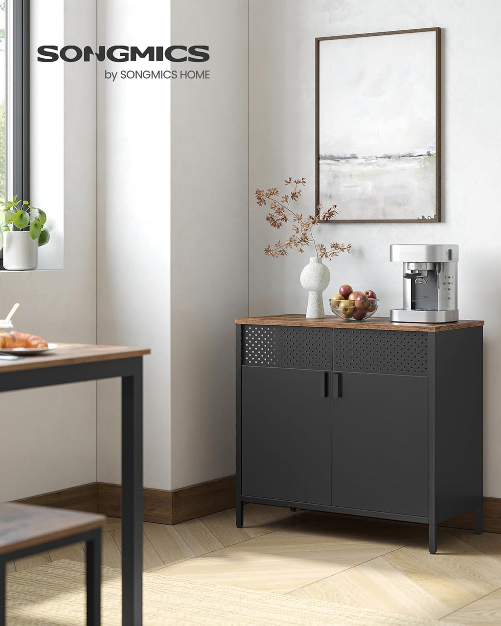 SONGMICS Storage Cabinet, Metal Cabinet, Sideboard with 2 Doors, 15.7 x 31.5 x 29.9 Inches, Magnetic Closure, Adjustable Shelf, Steel Frame, Rustic Brown and Black ULSC102B01
