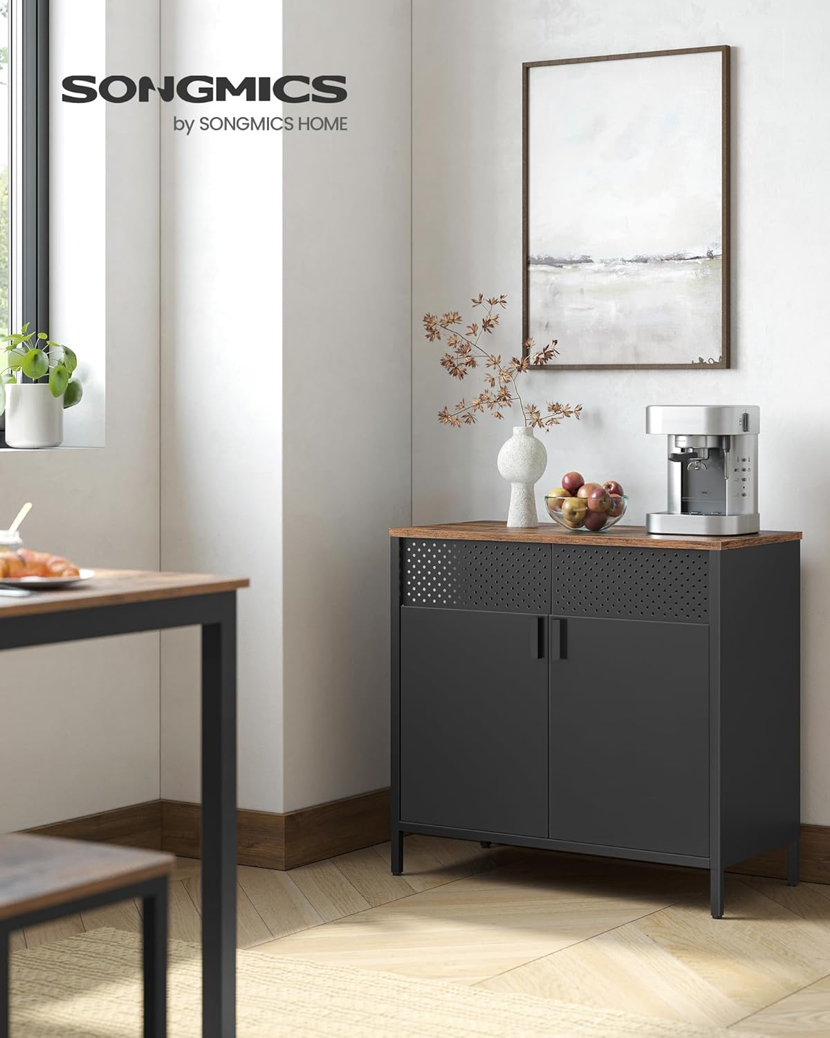 SONGMICS Storage Cabinet, Metal Cabinet, Sideboard with 2 Doors, 15.7 x 31.5 x 29.9 Inches, Magnetic Closure, Adjustable Shelf, Steel Frame, Rustic Brown and Black ULSC102B01