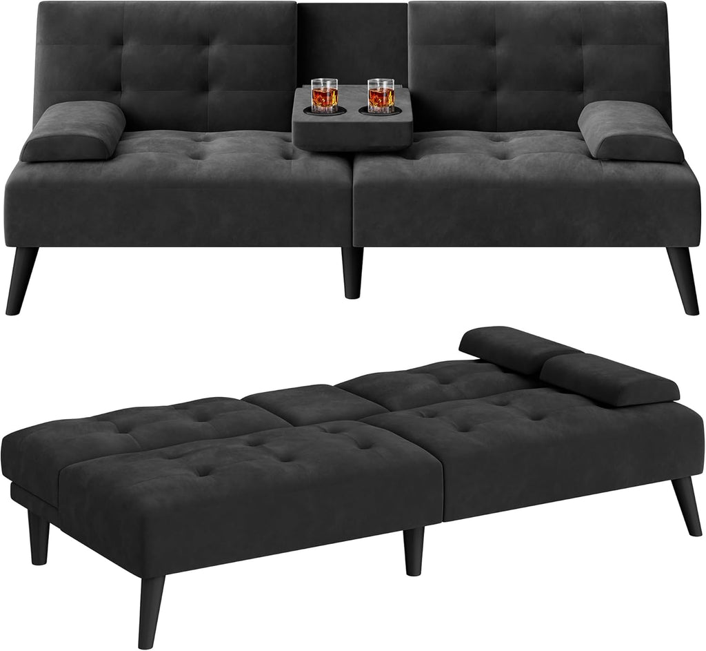 Meilocar 64" Futon Sofa Bed, 64" Convertible Loveseat with 2 Cup Holders, Small Couch with 3 Adjustable Angles & Removable Armrest, Sleeper Sofa for Apartment, 5.3 FT, Black