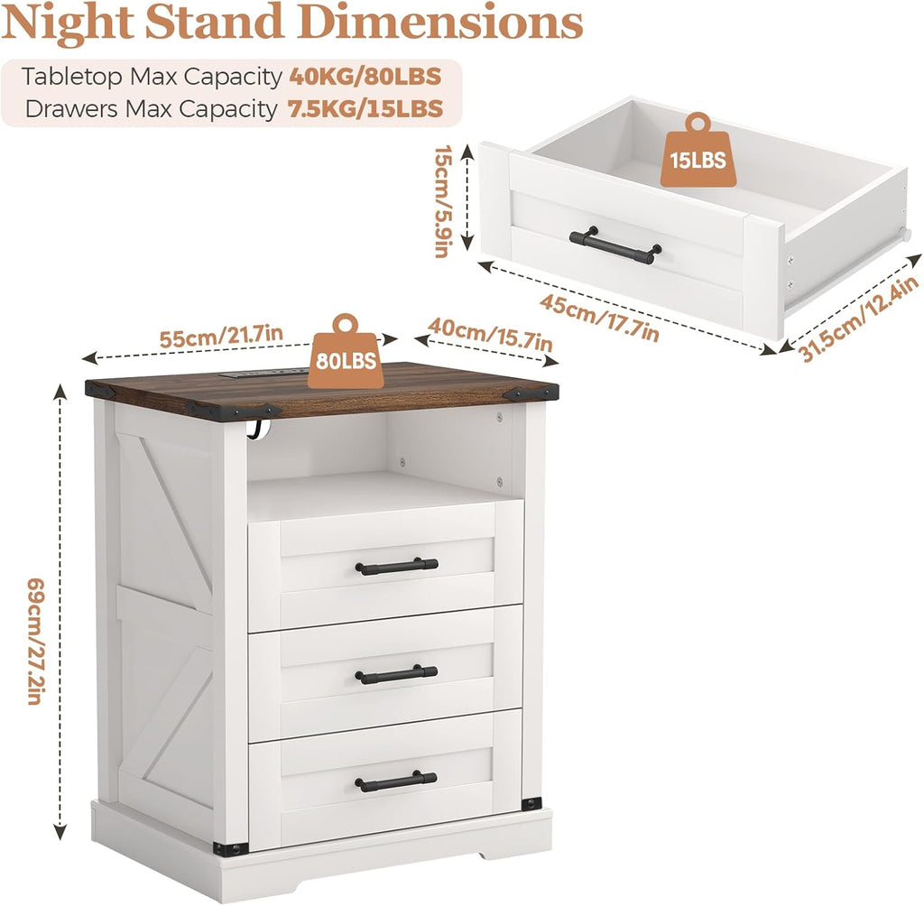 Turosur Night Stand with Charging Station 22" Large Farmhouse Nightstands with 3 Drawers and Open Storage Smart Bedside Table with Human Sensor LED Light End Tables for Bedroom White