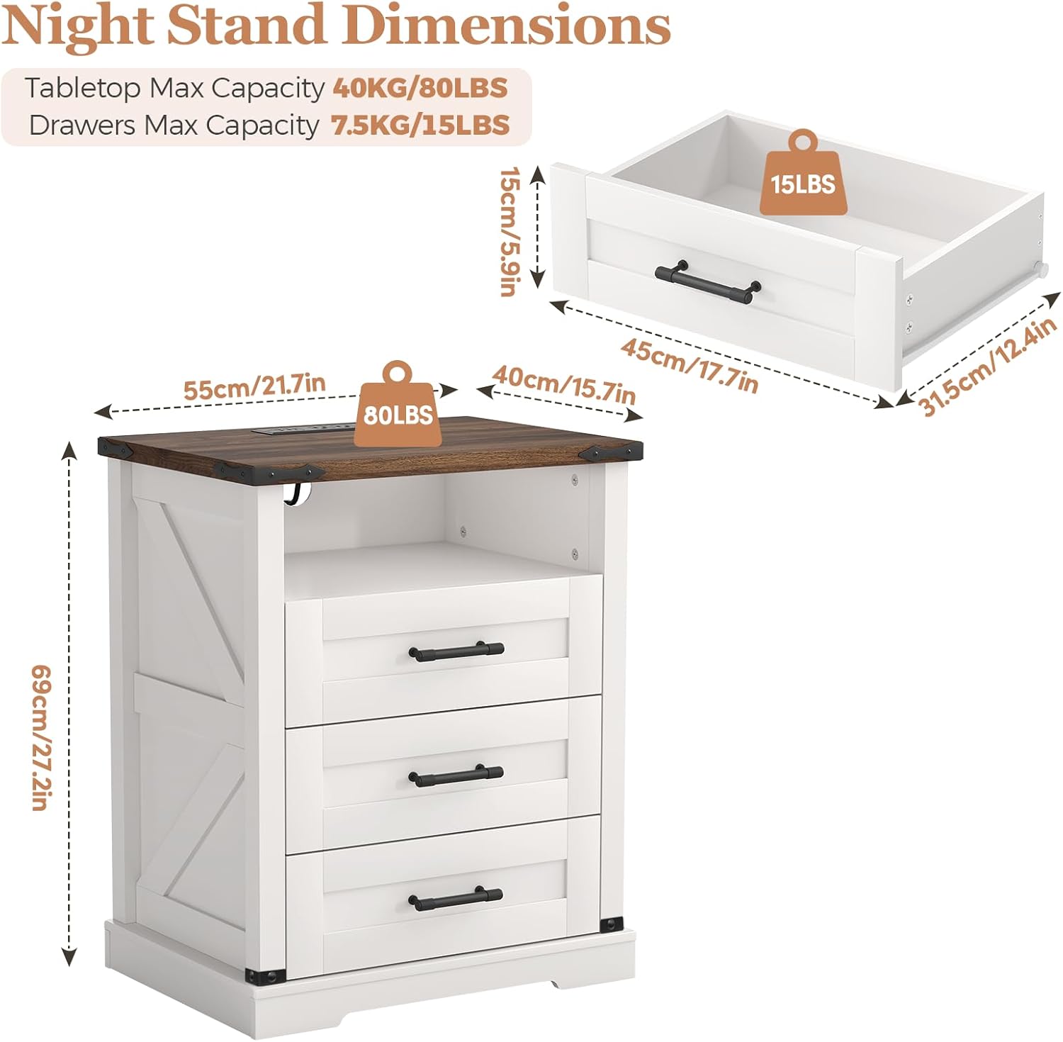 Turosur Night Stand with Charging Station 22" Large Farmhouse Nightstands with 3 Drawers and Open Storage Smart Bedside Table with Human Sensor LED Light End Tables for Bedroom White