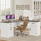 HIFIT Farmhouse Executive L Shaped Desk with Power Outlets, 60" Corner Computer Desk with 3 Storage Drawers & 2 File Cabinets, L Shaped Home Office Desk for Study, White