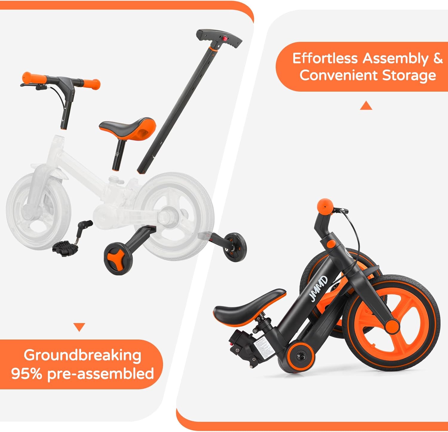 JMMD 6 in 1 Toddler Bike with Push Handle for Kids 18-60 Months, 12" Foldable Balance Bike with Training Wheels, Pedals, Brakes, Kickstand, Push Tricycle Toddler Gift & Toys for Boy & Girl