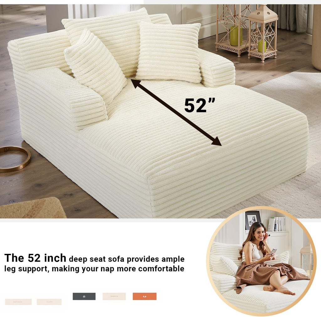 50" W Chaise Lounge Chair Indoor, Oversized Upholstered Corduroy Boneless Sofa Bed with 3 Pillows, Deep Seat Sleeper Reading Chair Cloud Couch for Living Room, No Assembly Required