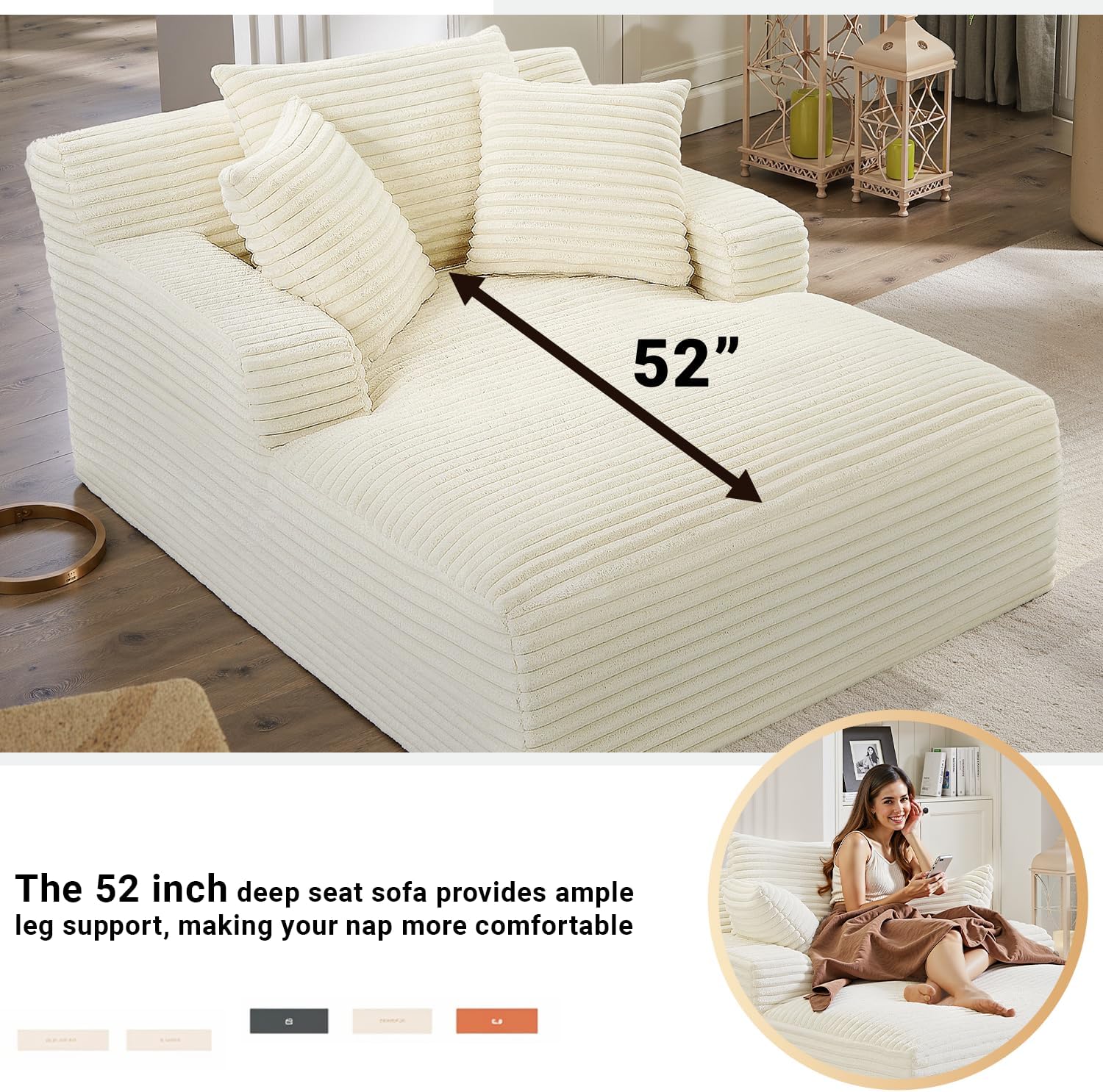 50" W Chaise Lounge Chair Indoor, Oversized Upholstered Corduroy Boneless Sofa Bed with 3 Pillows, Deep Seat Sleeper Reading Chair Cloud Couch for Living Room, No Assembly Required