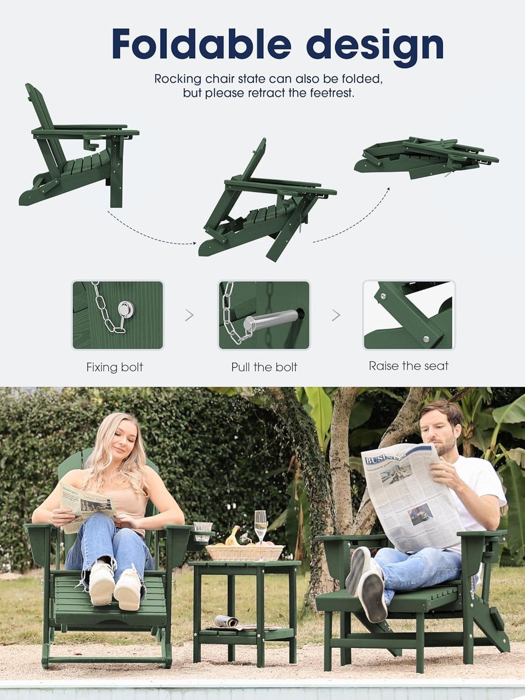 KINGYES Adirondack Rocking Chair with Retractable Ottoman and Cup Holders, HDPE Adirondack Rocker Patio Rocking Chair for Porch, Patio, Balcony, Dark Green
