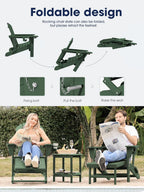 KINGYES Adirondack Rocking Chair with Retractable Ottoman and Cup Holders, HDPE Adirondack Rocker Patio Rocking Chair for Porch, Patio, Balcony, Dark Green