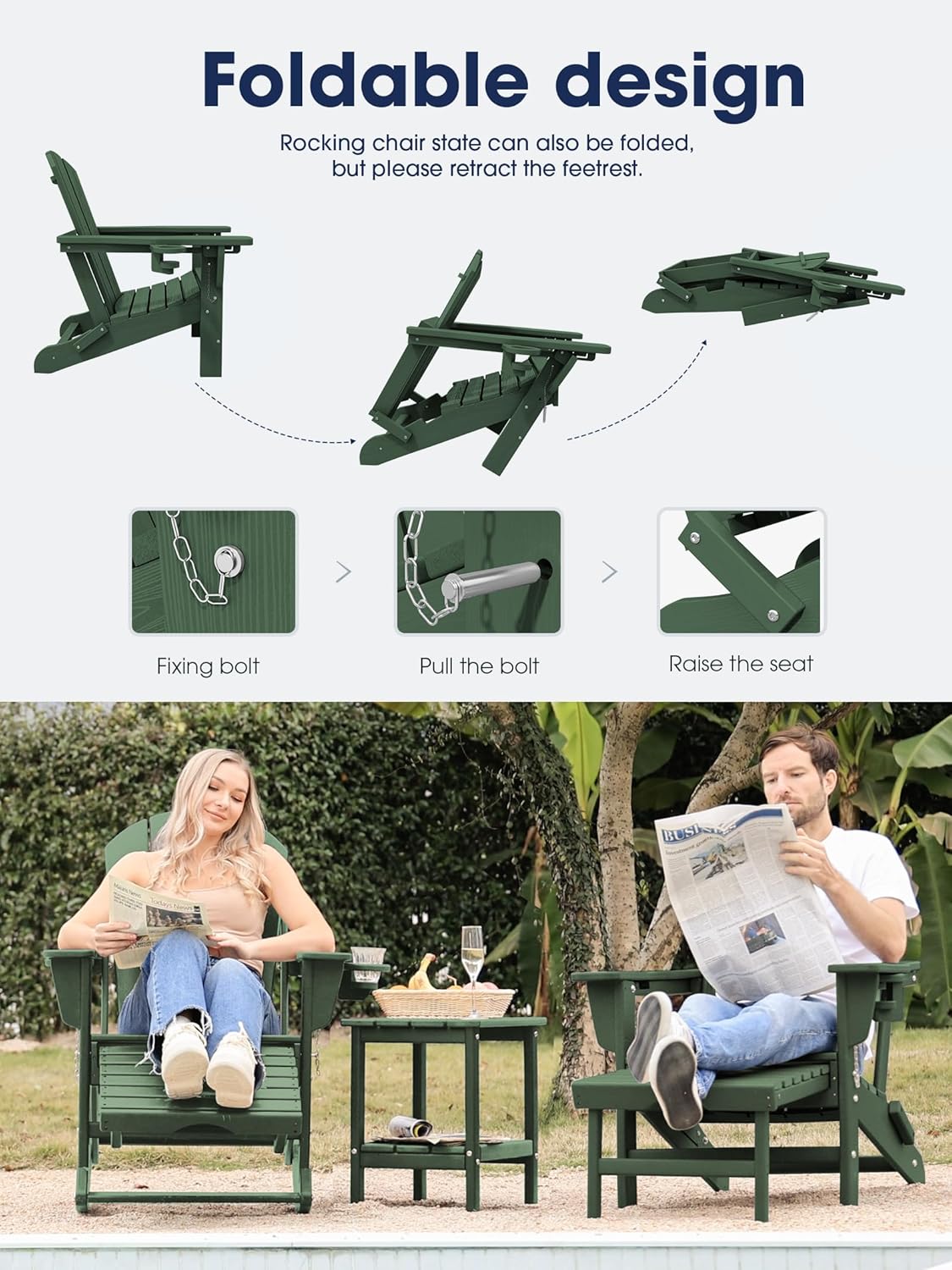 KINGYES Adirondack Rocking Chair with Retractable Ottoman and Cup Holders, HDPE Adirondack Rocker Patio Rocking Chair for Porch, Patio, Balcony, Dark Green