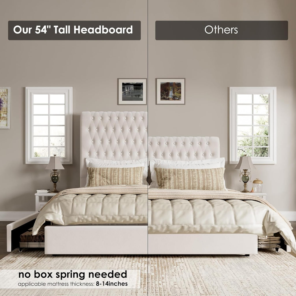 Queen Size Bed Frame 54" Tall Headboard with Gorgeous Button Tufted and Nail, Velvet Fabric Upholstered Bed Frame includes 4 Under-bed Storage Drawers, Wooden Slats, Noise-Free, Easy Assembly, Beige