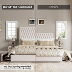 Queen Size Bed Frame 54" Tall Headboard with Gorgeous Button Tufted and Nail, Velvet Fabric Upholstered Bed Frame includes 4 Under-bed Storage Drawers, Wooden Slats, Noise-Free, Easy Assembly, Beige
