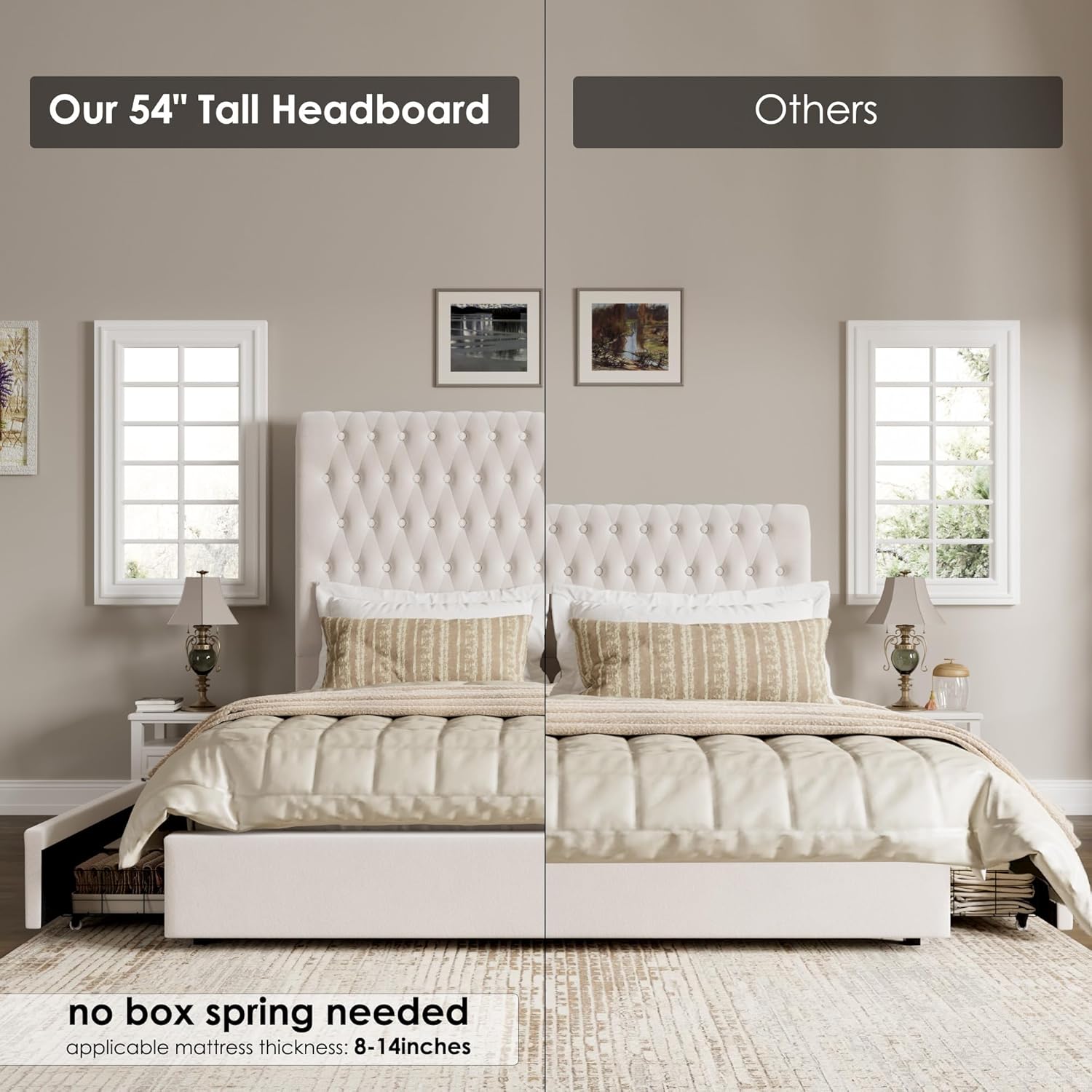 Queen Size Bed Frame 54" Tall Headboard with Gorgeous Button Tufted and Nail, Velvet Fabric Upholstered Bed Frame includes 4 Under-bed Storage Drawers, Wooden Slats, Noise-Free, Easy Assembly, Beige