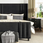 AMERLIFE Queen Size Bed Frame, Velvet Upholstered Platform Bed with Vertical Channel Tufted Headboard & Footboard/Wingback, Mattress Foundation with Wood Slats, No Box Spring Needed, Black