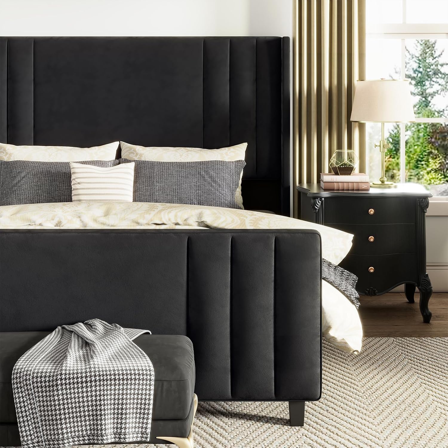 AMERLIFE Queen Size Bed Frame, Velvet Upholstered Platform Bed with Vertical Channel Tufted Headboard & Footboard/Wingback, Mattress Foundation with Wood Slats, No Box Spring Needed, Black