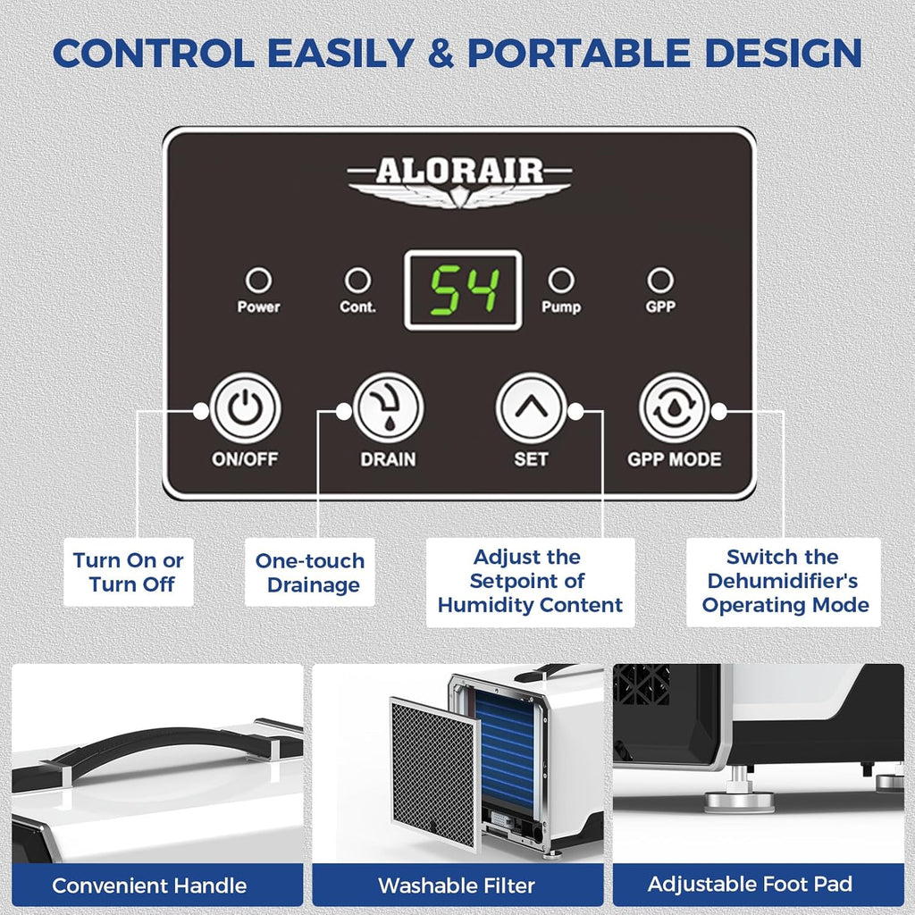 ALORAIR 70 Pints Crawl Space Dehumidifier with Pump and Drain Hose, Compact Basement & Commercial Dehumidifier for Water Damage Restoration, Covers Up to 1,000 Sq. Ft., 5-Year Limited Warranty