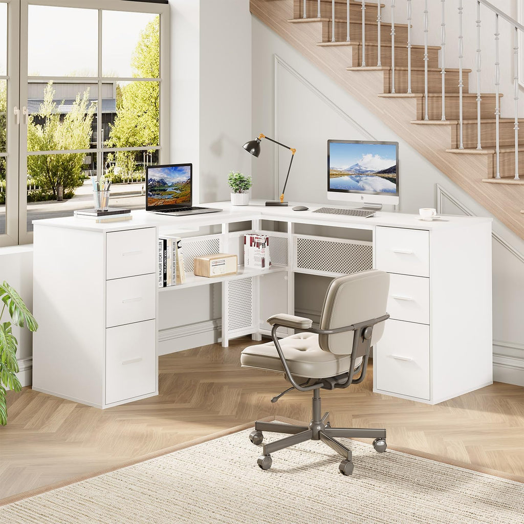 HSH White L Shaped Desk with Drawers Shelves, Large Home Office Corner Computer Desk with Storage File Cabinet, Modern Metal Wood Desk for Executive Writing Study Workstation, 59 Inch Bedroom Table