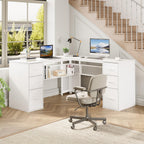 HSH White L Shaped Desk with Drawers Shelves, Large Home Office Corner Computer Desk with Storage File Cabinet, Modern Metal Wood Desk for Executive Writing Study Workstation, 59 Inch Bedroom Table