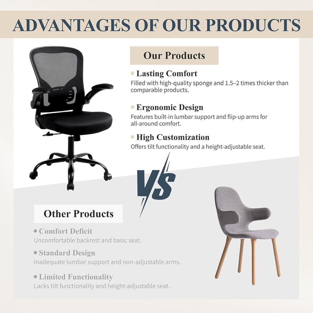 Flysky Ergonomic Home Office Desk Chair Set of 8 - Lumbar Back Support, Breathable Mesh Swivel Computer Task Chair with Wheels and Flip-up Arms, Height Adjustable, Black