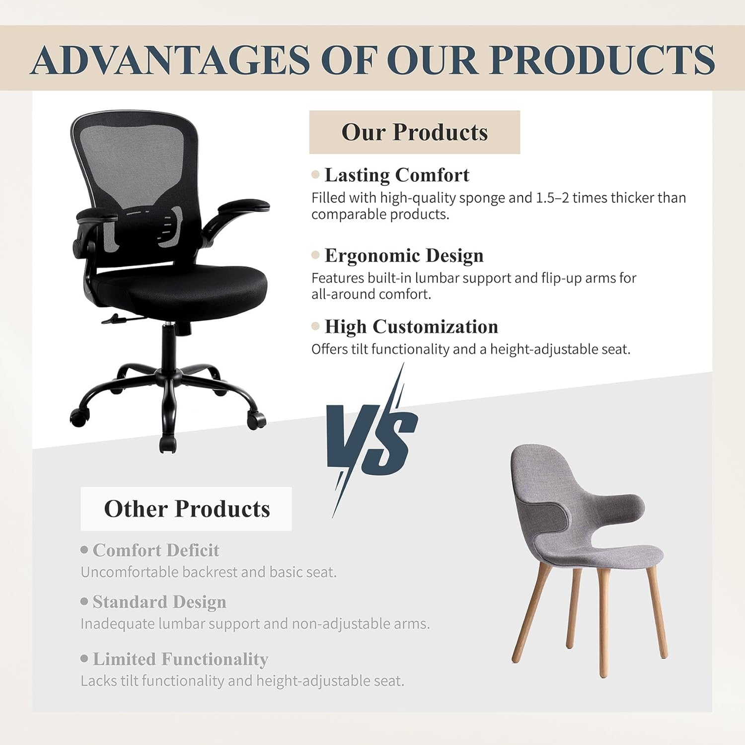 Flysky Ergonomic Home Office Desk Chair Set of 8 - Lumbar Back Support, Breathable Mesh Swivel Computer Task Chair with Wheels and Flip-up Arms, Height Adjustable, Black