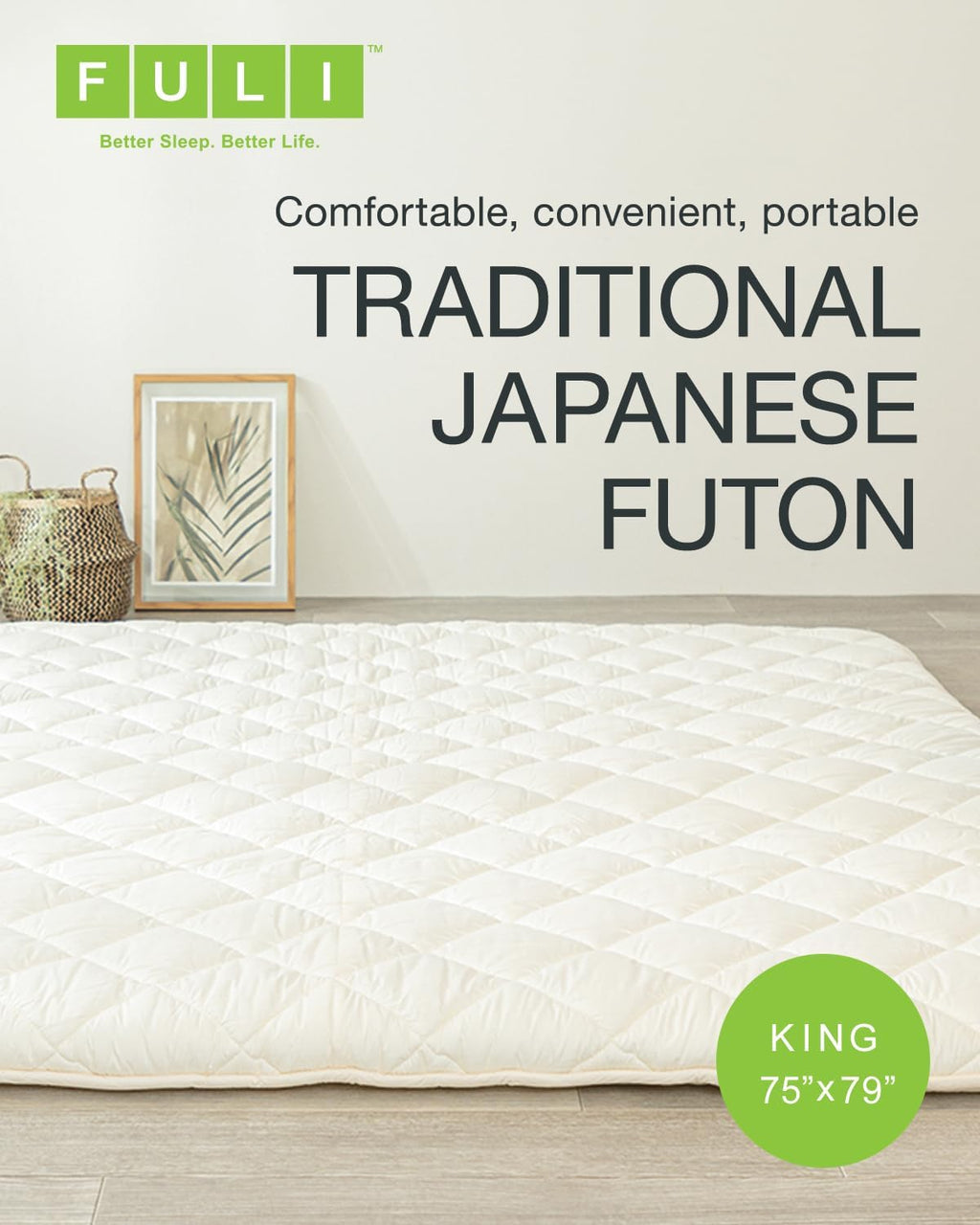 FULI Japanese Futon, King Size, White - Foldable Shikibuton Floor Bed - Medium Firm Quilted Cotton Sleeping Pad, Portable Roll-Up Japanese Floor Bed for Guests & Small Spaces