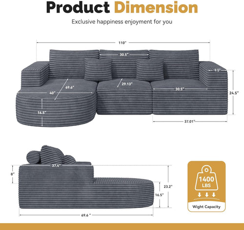 110”Sectional Couches for Living Room,Modular l Shaped Cloud Couch,Boneless Comfy,Modern Sofa with Chaise,Deep Seat Convertible Sleeper Sofa Bed,No Assembly Required,Gray,1pcs