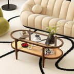 Giantex Rattan Coffee Table, 2-Tier Oval Acacia Wood Tea Table w/Tempered Glass Tabletop & PE Rattan Storage Shelf, Boho Cocktail Tables, Mid Century Modern Center Table for Living Room Office, Brown