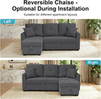 82" L Shaped Sleeper Sofa Bed: Sectional Sleeper Couch with Pull Out Bed, Storage Chaise, USB Charging, 3 Seat Sectional Sofa Bed for Living Room (Linen Fabric, Dark Grey)
