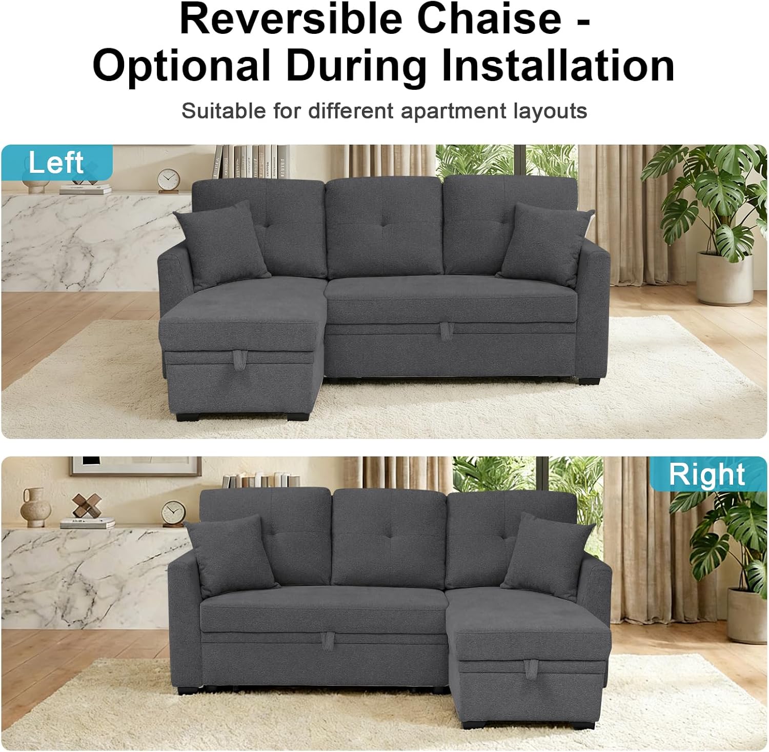 82" L Shaped Sleeper Sofa Bed: Sectional Sleeper Couch with Pull Out Bed, Storage Chaise, USB Charging, 3 Seat Sectional Sofa Bed for Living Room (Linen Fabric, Dark Grey)