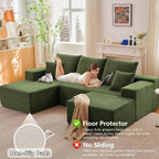 107" Modular Sectional Sofa with Ottoman, Modern Corduroy Cloud Couch with Deep Seat, Boneless Couch Upholstered 3-Seater U-Shaped Sofa for Living Room, No Assembly (Green, Left-Facing Chaise)