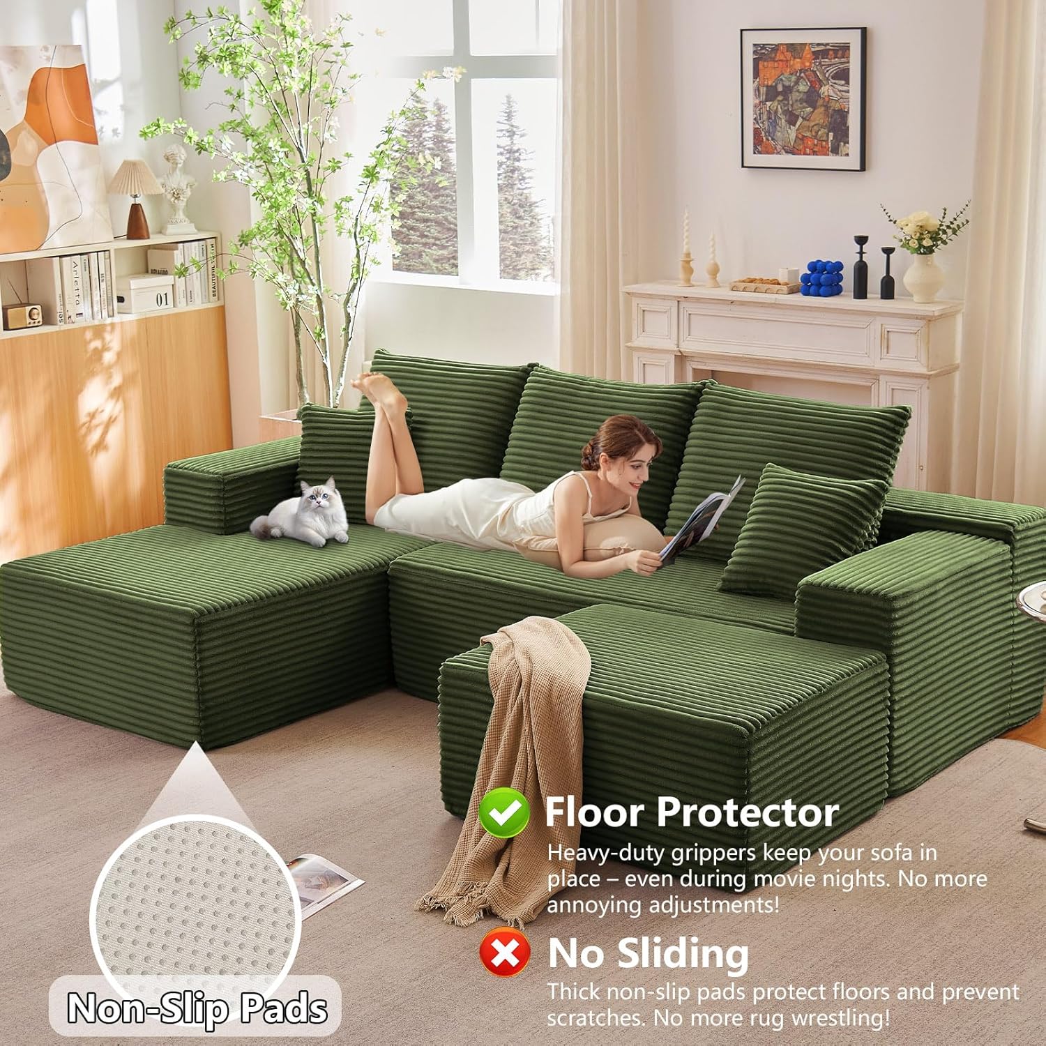 107" Modular Sectional Sofa with Ottoman, Modern Corduroy Cloud Couch with Deep Seat, Boneless Couch Upholstered 3-Seater U-Shaped Sofa for Living Room, No Assembly (Green, Left-Facing Chaise)