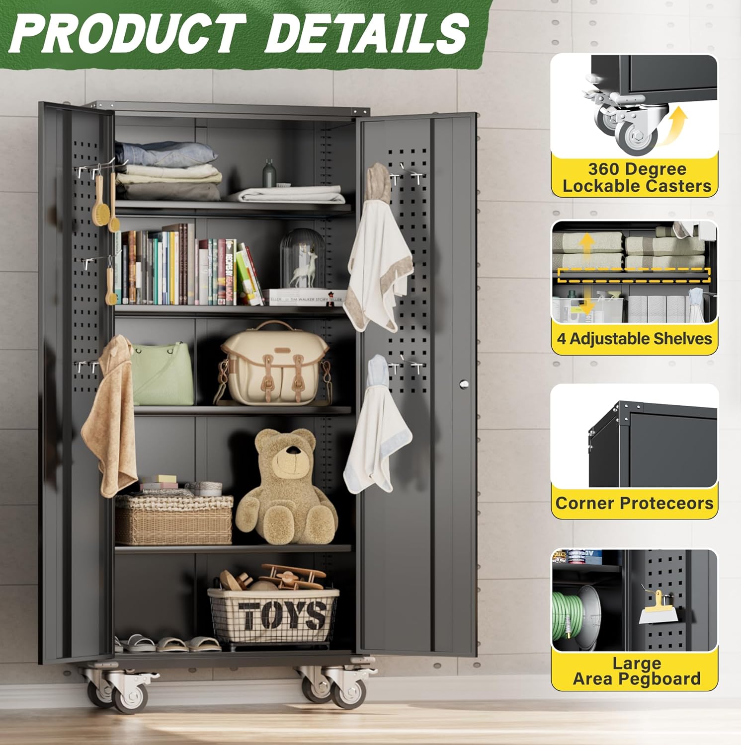 Greenvelly Metal Storage Cabinet with Wheels,72" Black Garage Storage Cabinet with Pegboards and Wheels, Rolling Tool Cabinet with Locking Doors and Shelves for Home,Basement, Kitchen