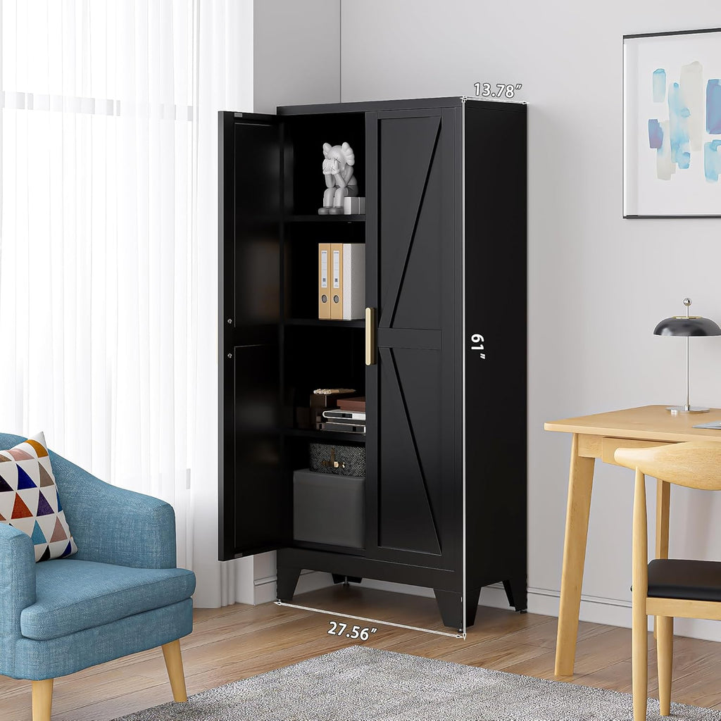 61" Tall Farmhouse Metal Pantry Cabinet, Kitchen Pantry Storage Cabinets with 2 Barn Door and Adjustable Shelves,Metal Pantry Storage Cabinet,for Kitchen,Laundry Room,Home Office,Kids Room (Black)