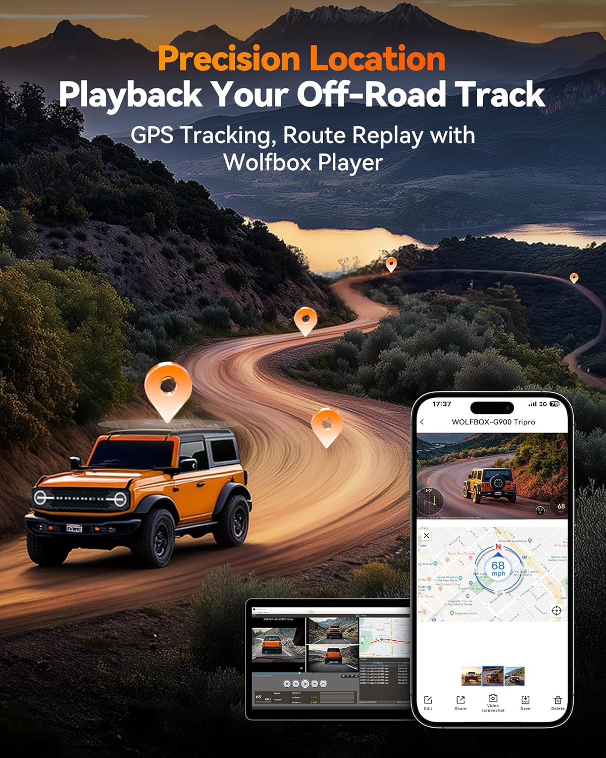 WOLFBOX G900 Tripro Bumper Version 3 Channel 4K Mirror Dash Cam  8MP STARVIS 2 IMX678 Night Vision  4K+2.5K+1080P Front and Rear Bumper Dash Cam  5.8GHz WiFi  Voice Control  Includes 256GB Card & GPS