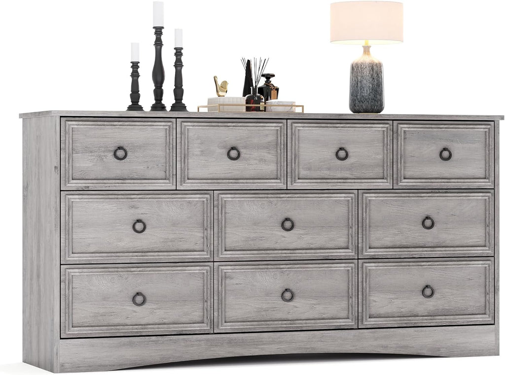 Grey 10 Drawer Dresser & TV Stand, 59" Large Dresser for Bedroom, Wooden Chests of Drawers, Rustic Storage Dressers Organizer for Bedroom, Hallway