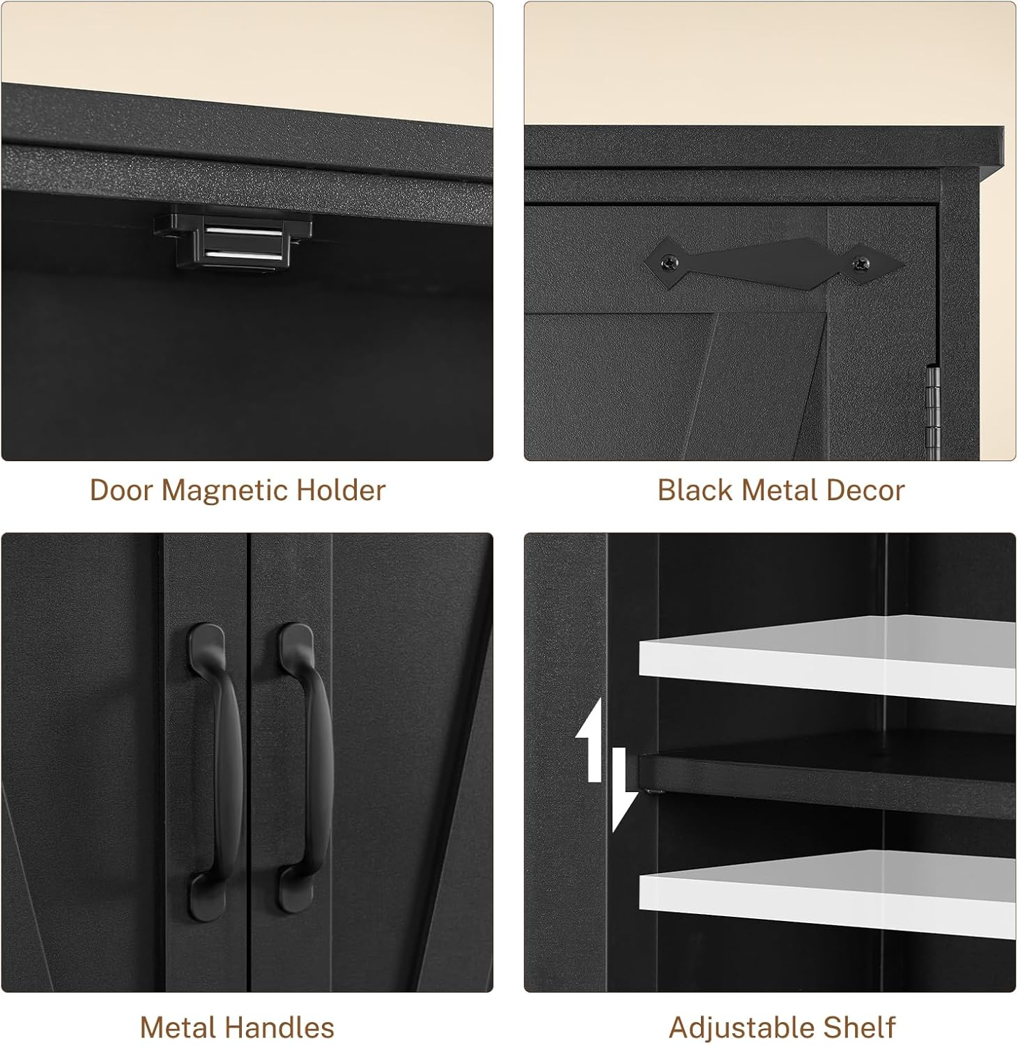 TEENFON 58" H Storage Cabinet with Adjustable Shelf, Kitchen Cabinet with 4 Doors, Farmhouse Pantry Cabinets, Cupboard for Kitchen, Bathroom, Living Room, Black