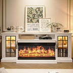 MXV 70'' Fireplace TV Stand, Farmhouse Entertainment Center with 3 Sided Glass TV Stand, Modern Media Console Table with Storage Drawers & Cabinets with LED Flame and Lights for Living Room, White