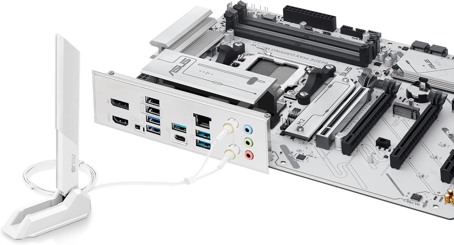 ASUS B650E MAX Gaming WiFi W – AMD B650 AM5 ATX Motherboard, White PCB, DDR5, PCIe 5.0, 3X M.2, Wi-Fi 6E, 2.5Gb LAN, USB 10Gbps Type-C, DisplayPort, HDMI™, BIOS Flashback™, Aura Sync, Advanced AI PC