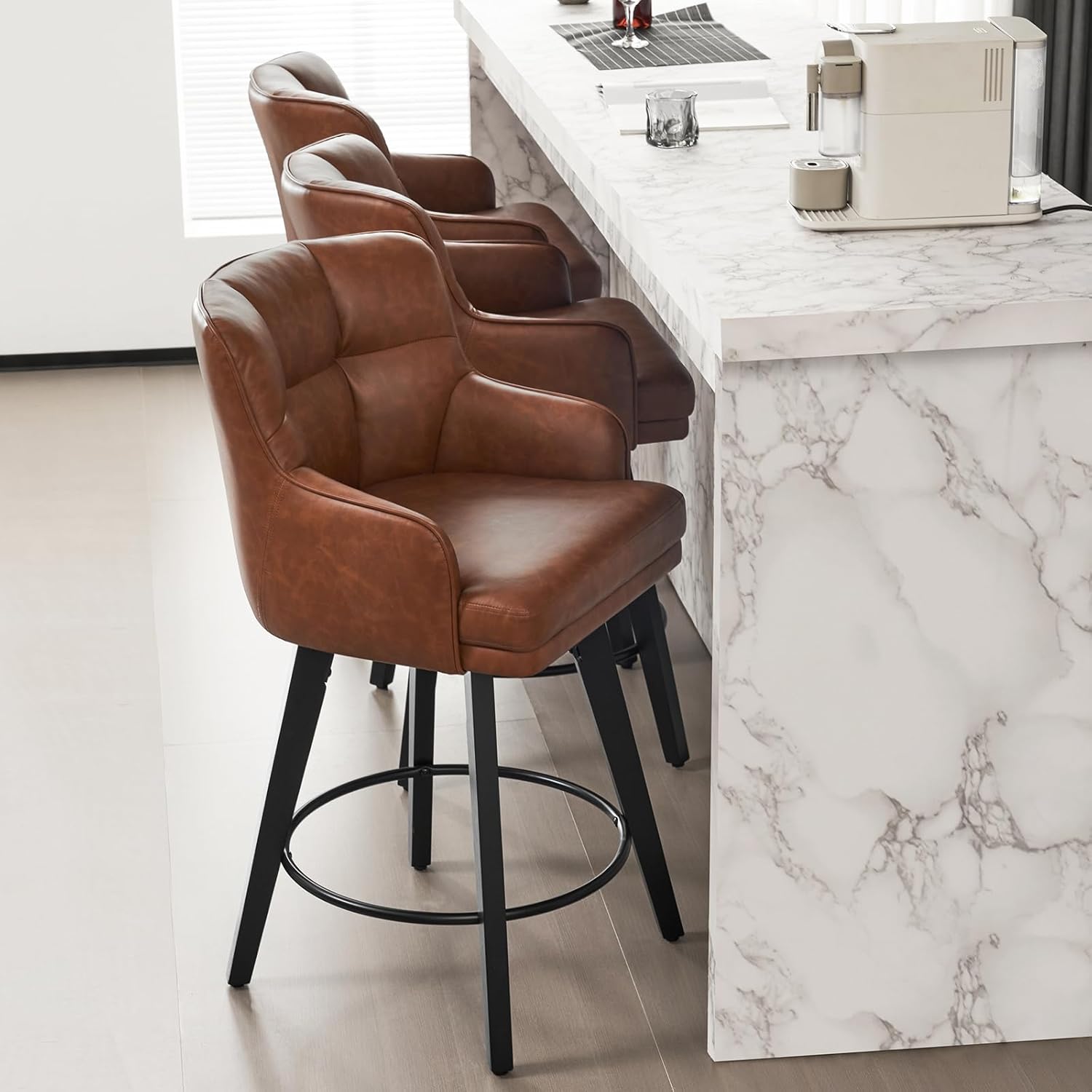 360°Swivel Counter Height Bar Stools with Back, 26 inch Solid Wood Legs, Bar Stool Modern Kitchen Island Chairs, Faux Leather (Brown- Faux Leather, 26" H- Set of 4)