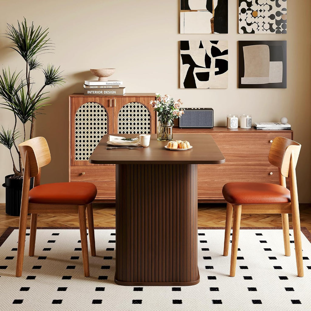 FUQARHY Dining Table for 4, Small Rectangular Kitchen Table for 2 with 3-Tier Storage Shelf, Farmhouse Modern Fluted Wood Table (Walnut)