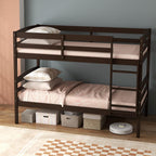 KOMFOTT Bunk Bed Twin Over Twin, Bunk Bed Frame w/Full-Length Guardrail & Integrated Ladder, Wood Bunk Bed for Small Space, Converts to 2 Individual Beds for Kids & Adults, No Box Spring Needed