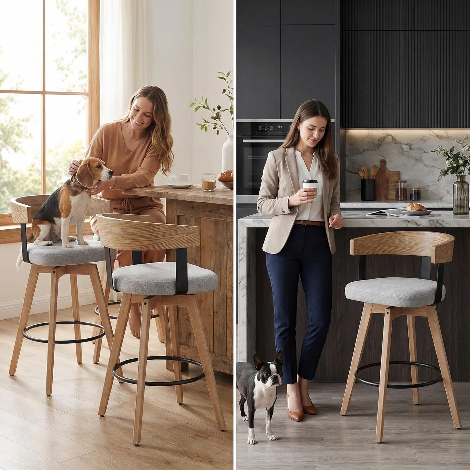 LukeAlon Linen Upholstered Counter Stools Set of 2, 360° Swivel Wooden Kitchen Stools with Wood Full Back Mid Century 26.25" Seat Height Low Barstools for Dining Room Kitchen Island, Grey