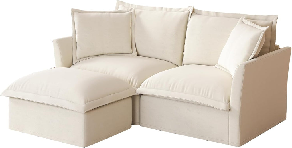 83.4" Modular Sectional Sofa Slipcovered, Oversized L-Shaped Cloud Couch with Removable Covers, 2-Seater Sofa Couch with 1 Movable Ottoman, Spacious Living Room Furniture (Cream,Chenille)