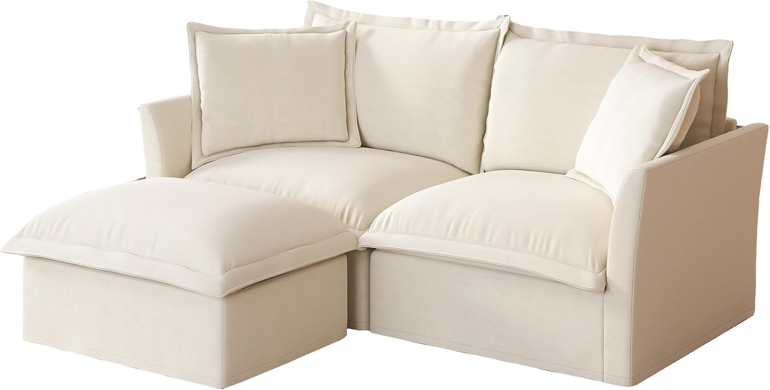 83.4" Modular Sectional Sofa Slipcovered, Oversized L-Shaped Cloud Couch with Removable Covers, 2-Seater Sofa Couch with 1 Movable Ottoman, Spacious Living Room Furniture (Cream,Chenille)