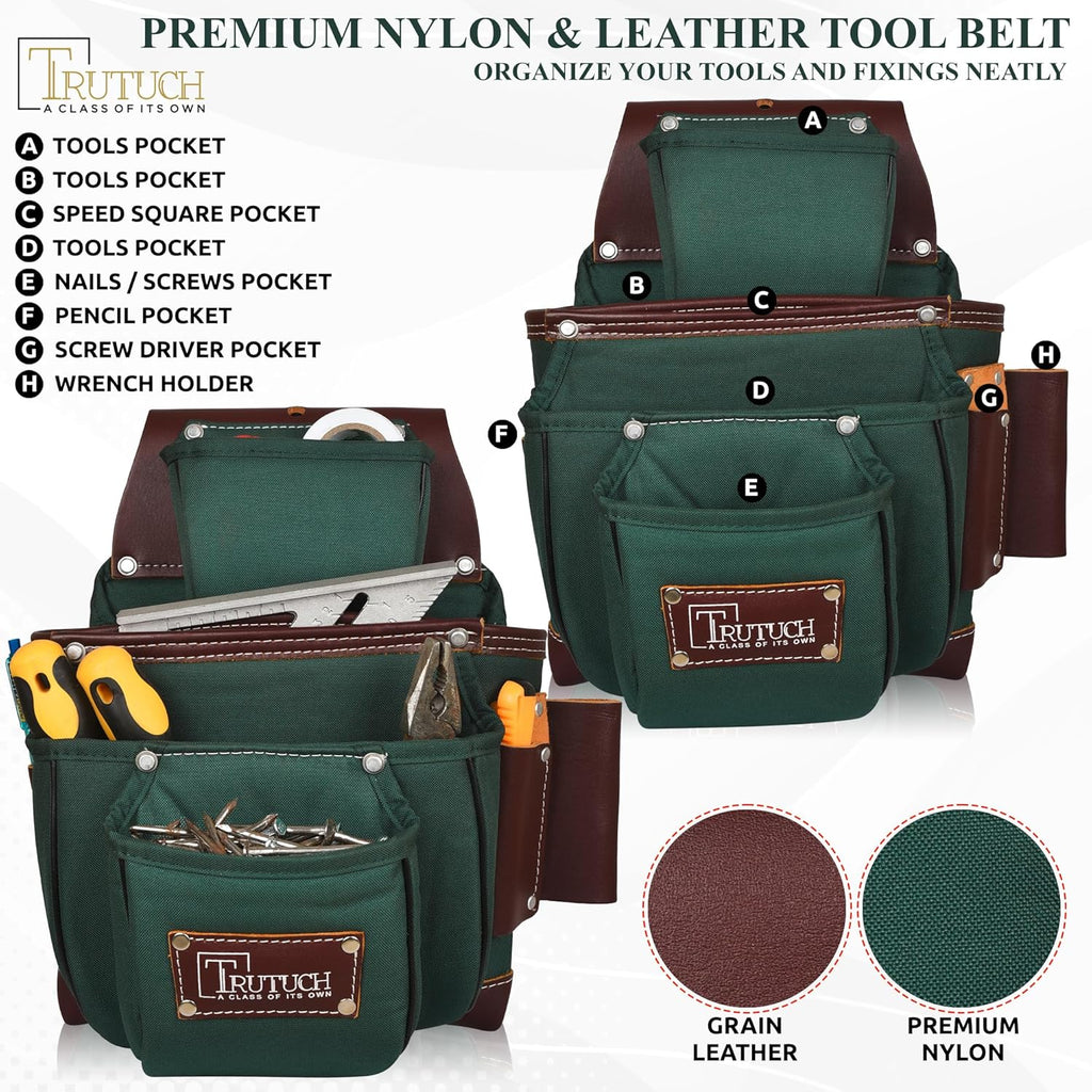 Nylon and Leather Tool Belt | Framing Tool Bags/Pouch | for Carpenter, Construction, Framers & Electrician (Green)