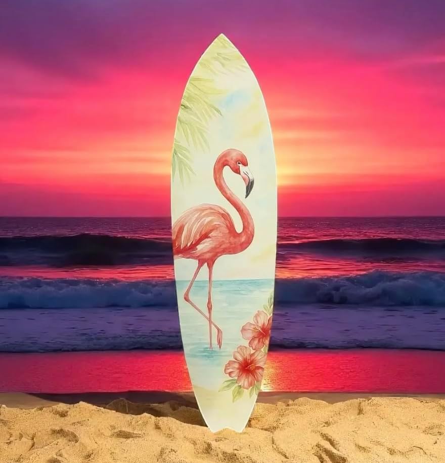 JennyGems Flamingo Surfboard Wall Art Tropical PVC Beach House Decor, Coastal Flamingo Sign for Porch or Patio, Outdoor Weatherproof, 3 Foot