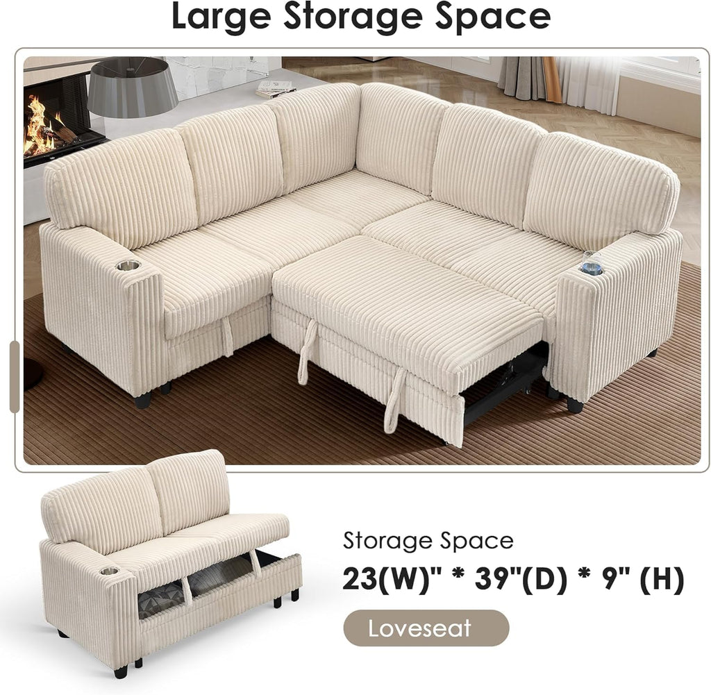 81" Modular Sectional Sofa, L Shaped 5-Seater Sleeper Sofa with Pull Out Bed, Hidden Storage, Cup Holders & USB Charging Ports, Sectional Couches for Living Room, Corduroy, Beige