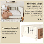 Bellemave Twin Size Kids Montessori Floor Bed Frame with Bookshelf and Guardrail,Solid Wood Floor Bed Frame with Slats for Girls Boys,Low-Profile,Beige