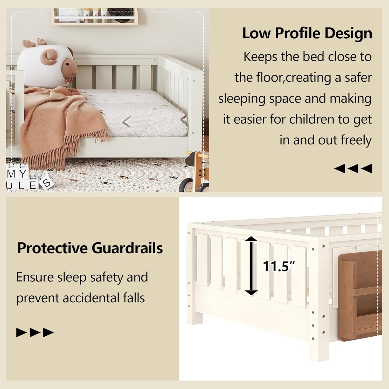 Bellemave Twin Size Kids Montessori Floor Bed Frame with Bookshelf and Guardrail,Solid Wood Floor Bed Frame with Slats for Girls Boys,Low-Profile,Beige